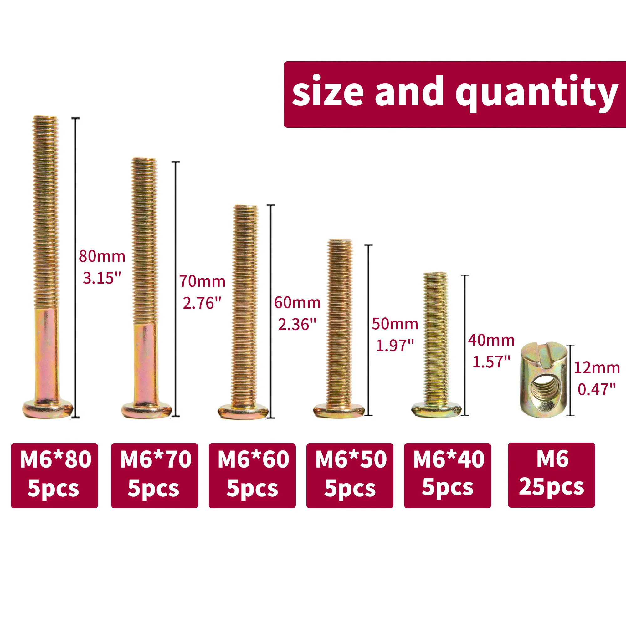침대 침대 나사 하드웨어 교체 키트, 육각 드라이브 소켓 캡 나사 배럴 N, 25 세트, M6 x 40mm, 50mm, 60mm, 70mm, 80mm