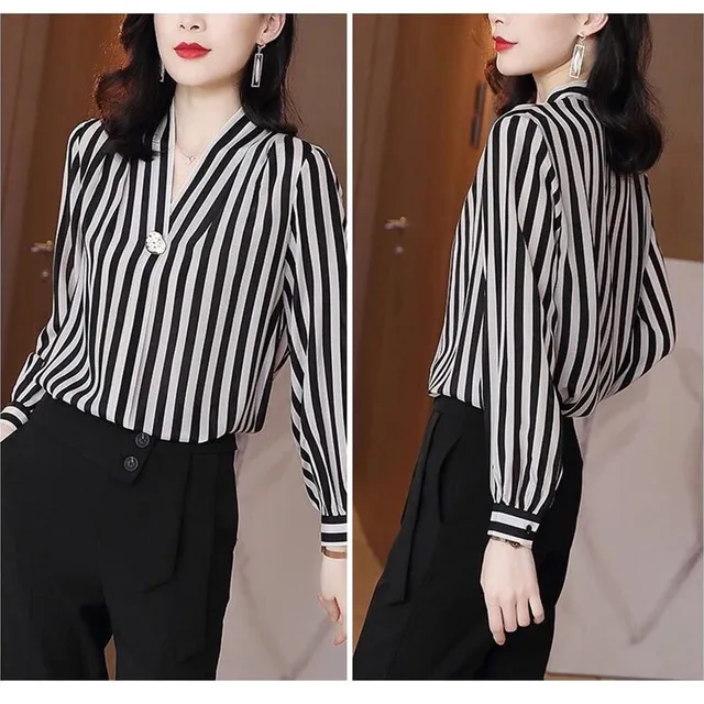2022 Stripe Office Wear Chiffon Profession Blouses Temperament Fashion Woman Urban Top with Sleeves Ladies Aesthetic Basic Shirt 2