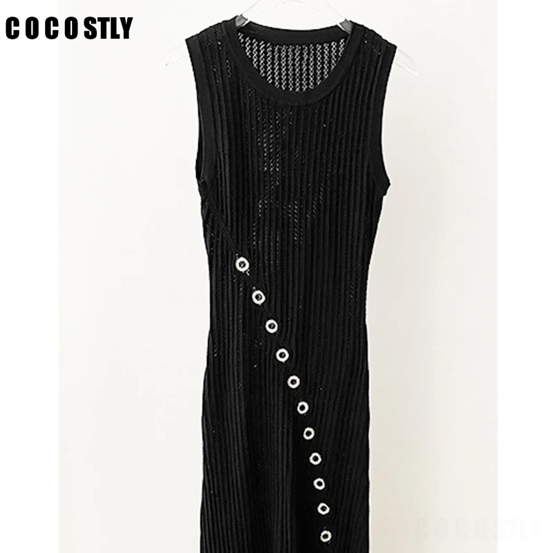 

COCOSTLY 2024 New Women Black Knitted Dress Rhinestone Ring Asymmetric Split Round Neck Slim Sleeveless Long Robe Two Piece Set