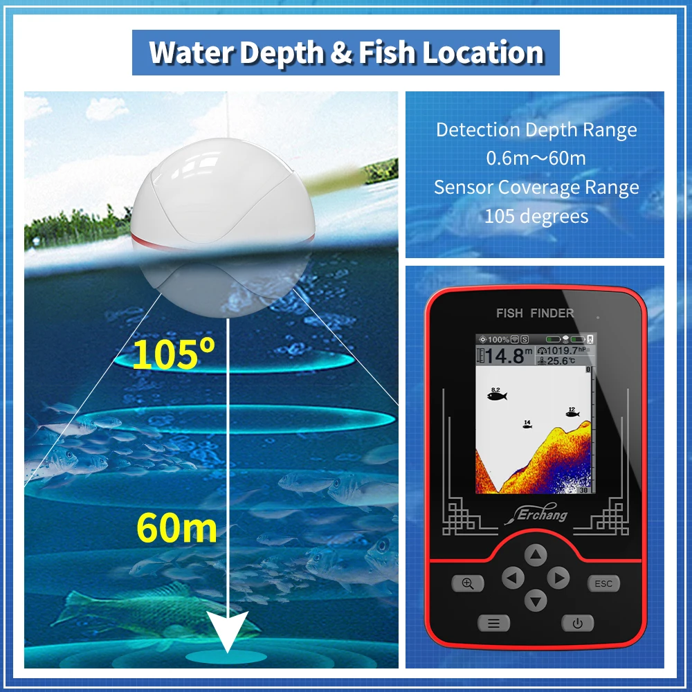 Erchang Wireless Fish Finder Rechargeable Sensor 60M Water Depth Echo Sounder Fishing Portable FishFinder