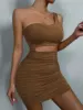 Sexy One Shoulde Backless Bodycon Mini Dress Women's Waist Hollow Out Tight Pleated Wrapping Skirt 2023 New Style 4