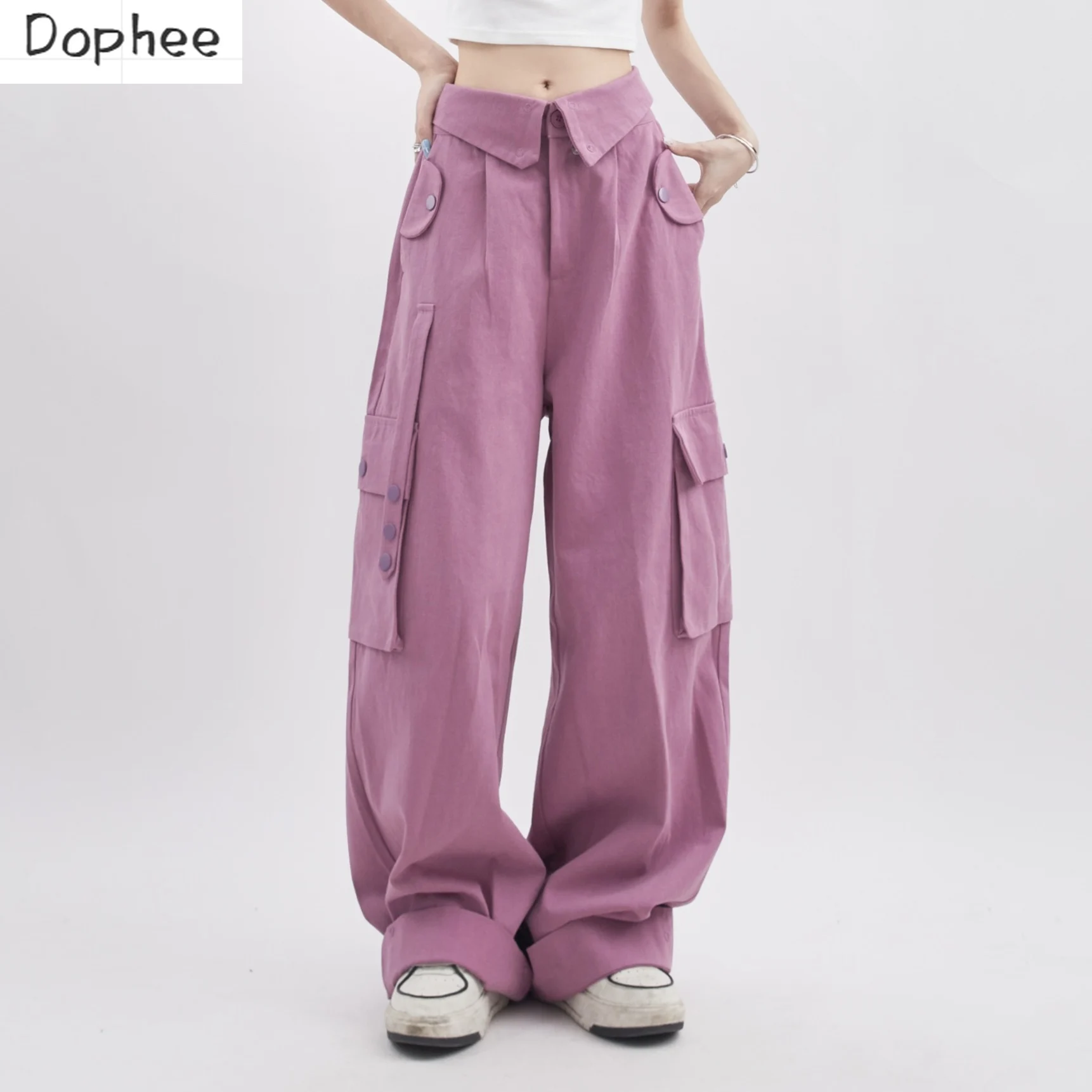 

Dophee Purple Cargo Pants New Spring Summer All-match Multi Pockets Revers Waist Straight Pants Streetwear Causal Long Trousers