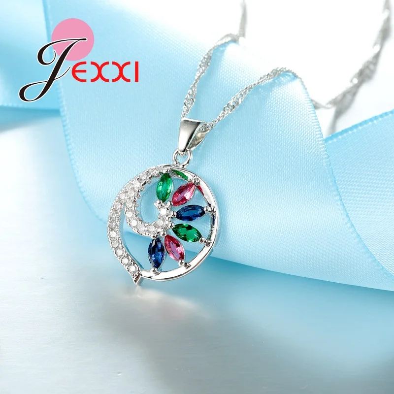 Colorful 925 Sterling Silver Jewelry Set Fashion High Quality Jewelry Round Necklace and Earrings Set for Girls Birthday G