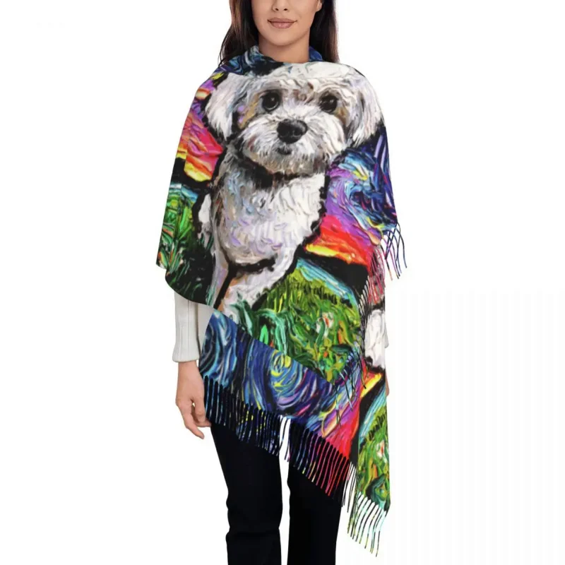 

Шарф для мужчин и женщин, теплый шаль с индивидуальным принтом в виде пуделя, собаки, мальтипола, ночная картина, зимний осенний сезон