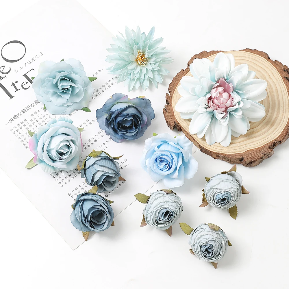Bouquet di rose a 9 teste Fiore artificiale azzurro blu royal blu intenso Rosa finta Decorazione del soggiorno Matrimonio  15