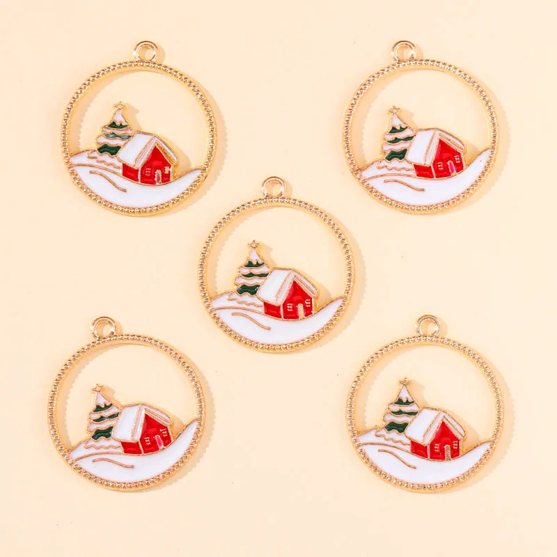 10 Stücke Goldene Legierung Runde Aushöhlen Santa Schnee Haus Charms Anhänger für DIY Weihnachten Ornament Ohrringe Armband Schmuck Machen – Detail 3