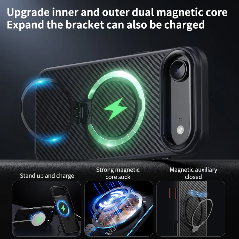 Carbon Fiber Magnetic Phone Case with Rotating Stand and Metal Camera Frame