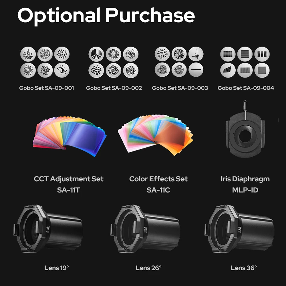 Godox 액세서리 Gobo 세트 SA-09 SA-11C SA-11T MLP-ID, 19 ° 26 ° 36 ° 렌즈, Godox MLP 프로젝션 어태치먼트 MLP19K MLP26K MLP36K