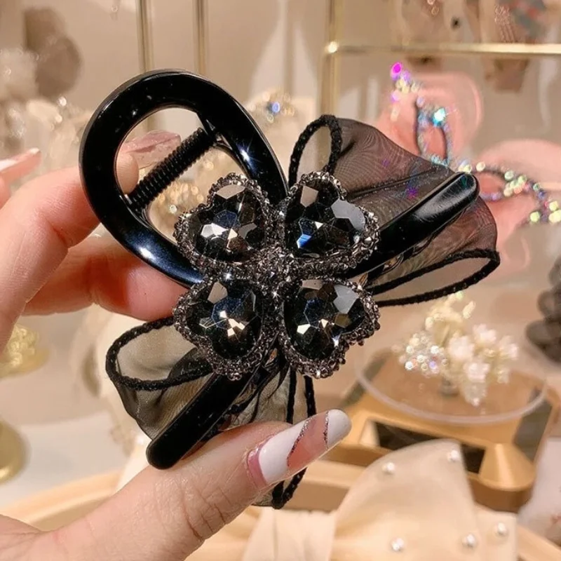 2023 Super Immortal Rhinestone Medium Grip Clip Premium Butterfly Knot Hair Claw Accessoires Cheveux for Women french large crystal rhinestone bow hair tie claw grip double sided luxury hair clip jewelry elastic hair bands hair accessories