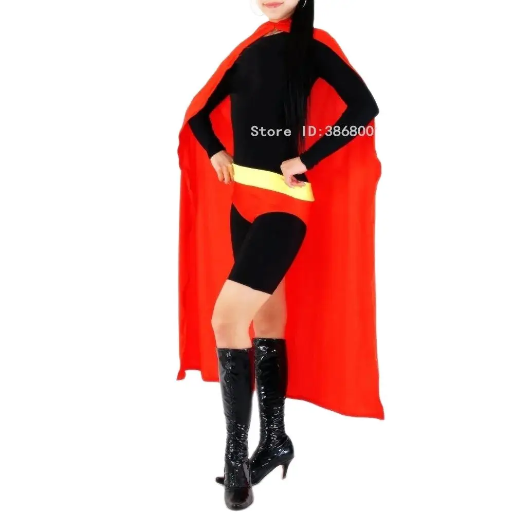

New design Halloween Female superhero cosplay costume black red color jumpsuit Bodysuit Zentai Suits Fancy catsuit With cloak