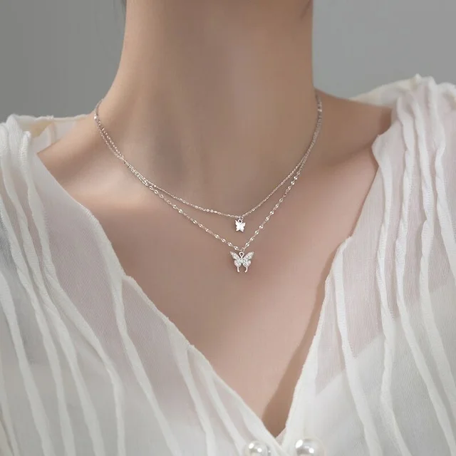 2022 Fashion Women Stainless-Steel Hip-Hop Animal Butterfly Double Layer Clavicle Chain Crystal Diamond Pendant Chain Jewelry 3