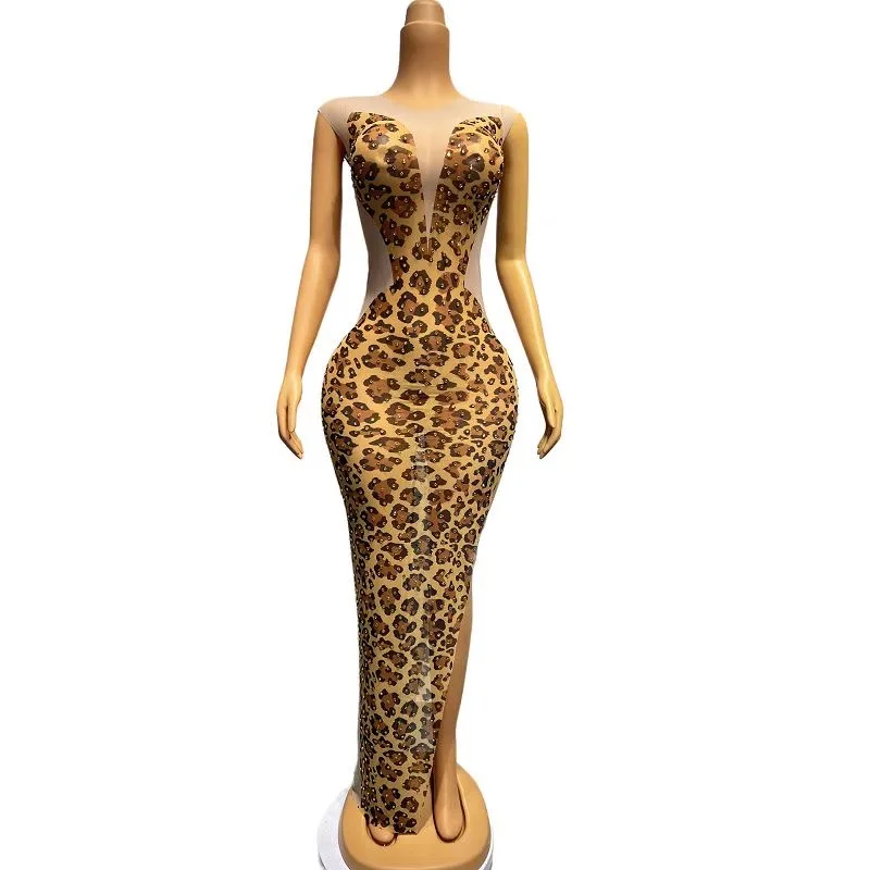 

Sexy Gold Rhinestones Leopard Transparent Sleeveless Dress Birthday Celebrate Outfit Prom Women Singer Stage Dresses baowen