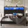 Queen Bed Frame with Led Lights, Charging Station & Storage Shelf Headboard, Diamond Tufted, Black Velvet Upholstered Bed Frame 1