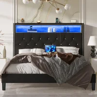 Queen Bed Frame with Led Lights, Charging Station & Storage Shelf Headboard, Diamond Tufted, Black Velvet Upholstered Bed Frame 1