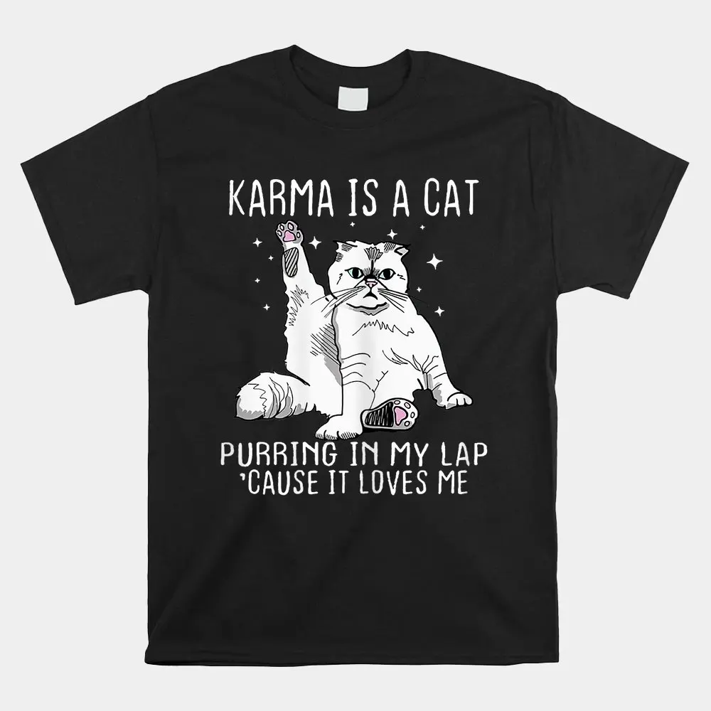 

Haunt Reaper Men T Shirt Karma Is A Cat Purring In My Lap Cause It's Loves Me Shirt Print T-Shirt Mens Streetwear Vintage