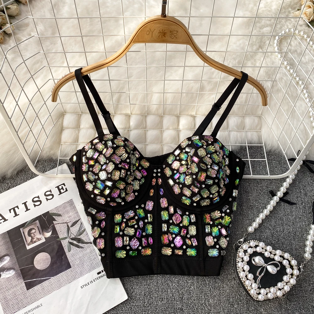 

Xia Sexy Heavy Industry Colorful Diamond Performance Dress with Chest Cushion Suspender Tank Top Slim Fit Fish Bone Chest