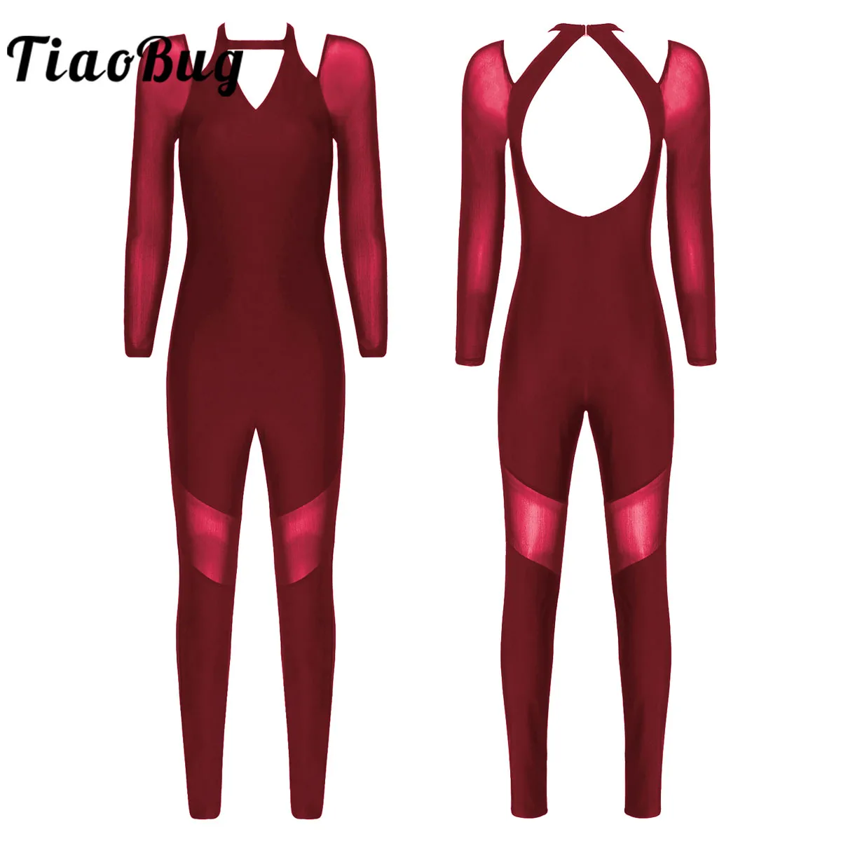 

Women Long Sleeve Gymnastics Leotard Dance Costumes Mesh Patchwork Backless Workout Ballet Jumpsuit
