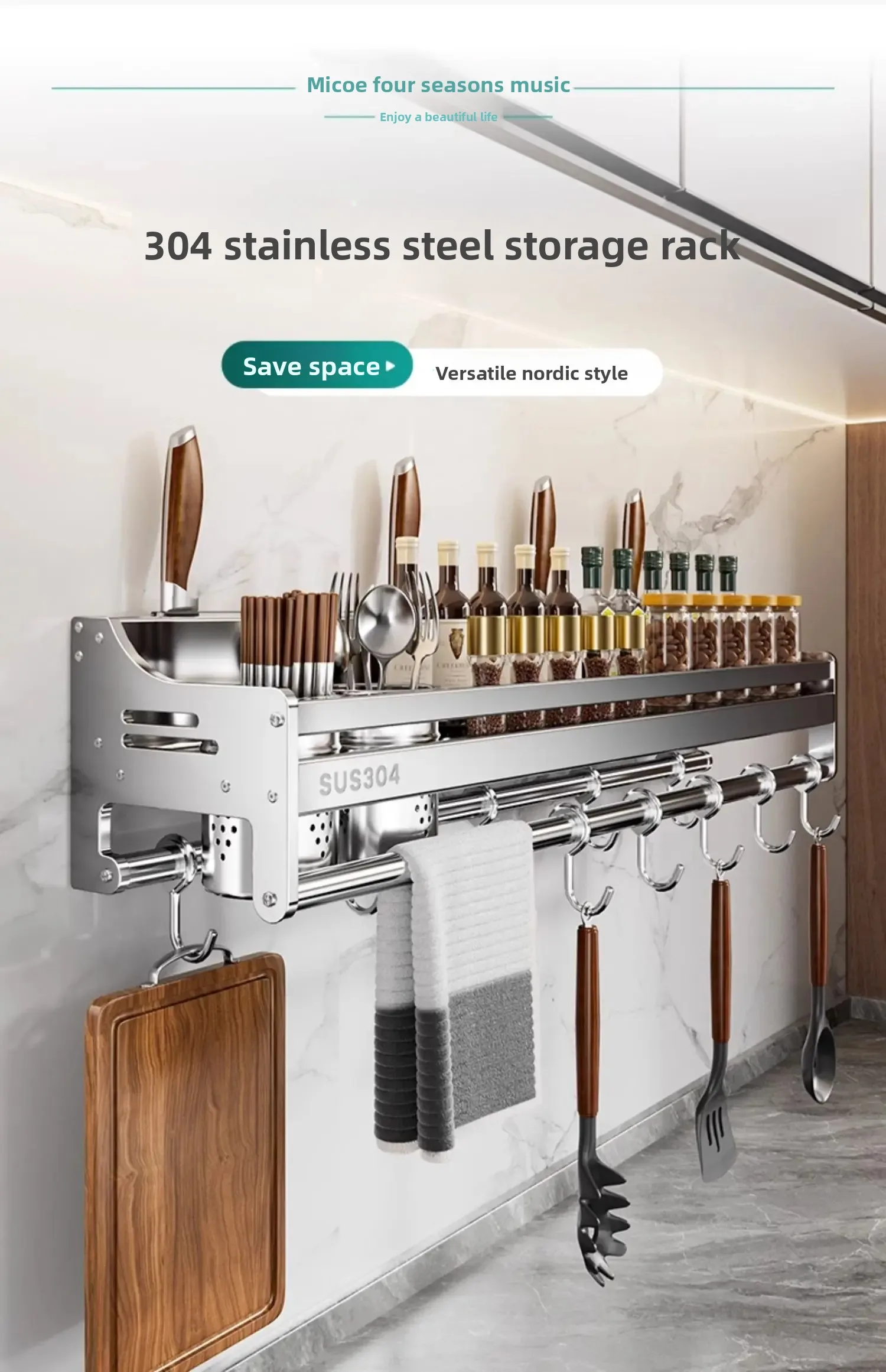 Stainless Steel Wall-Mounted Kitchen Storage Rack No-Drill Spice Shelf Knife Holder Condiment Organizer for Kitchen Counter