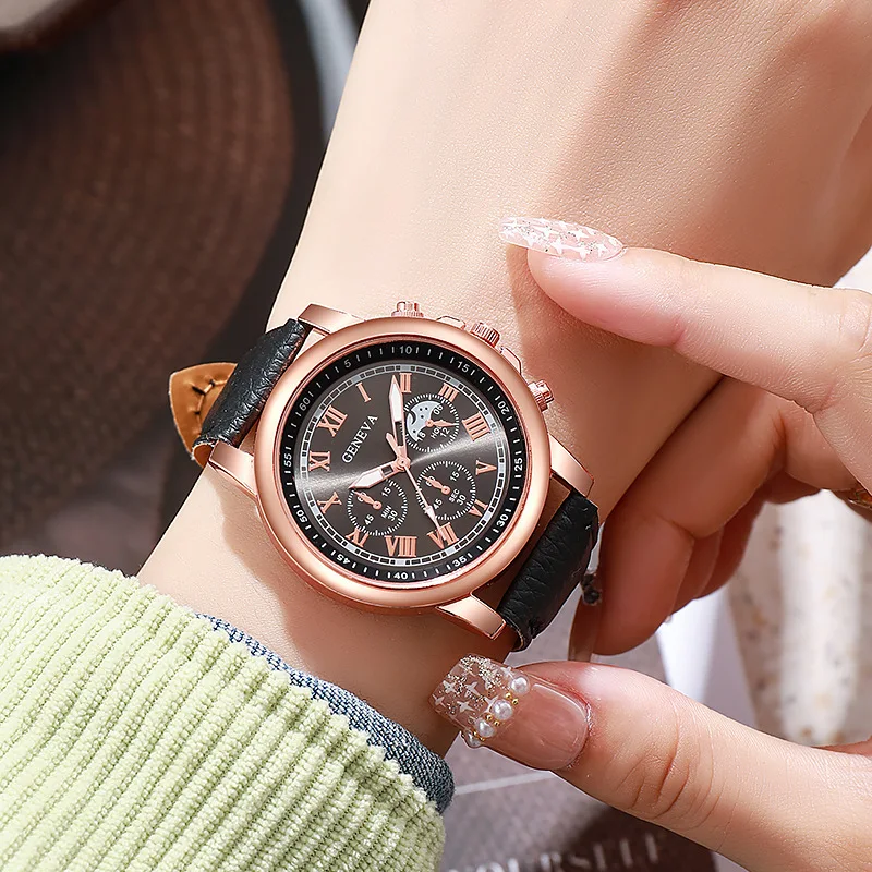 Stylish and Casual High Quality Ladies Colorful Gold Dial Leather Strap Full Diamond Watch Student Girl Simple Vintage Clock