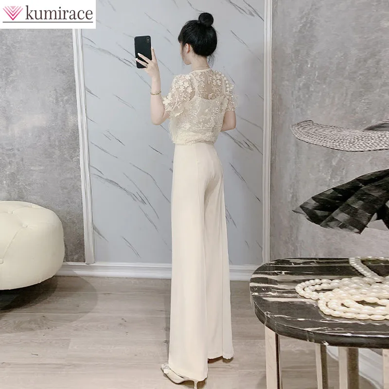 

Spring/Summer Temperament Women's Set 2024 Korean Edition New Fashion Age Reducing Top Casual Wide Leg Pants Two Piece Set