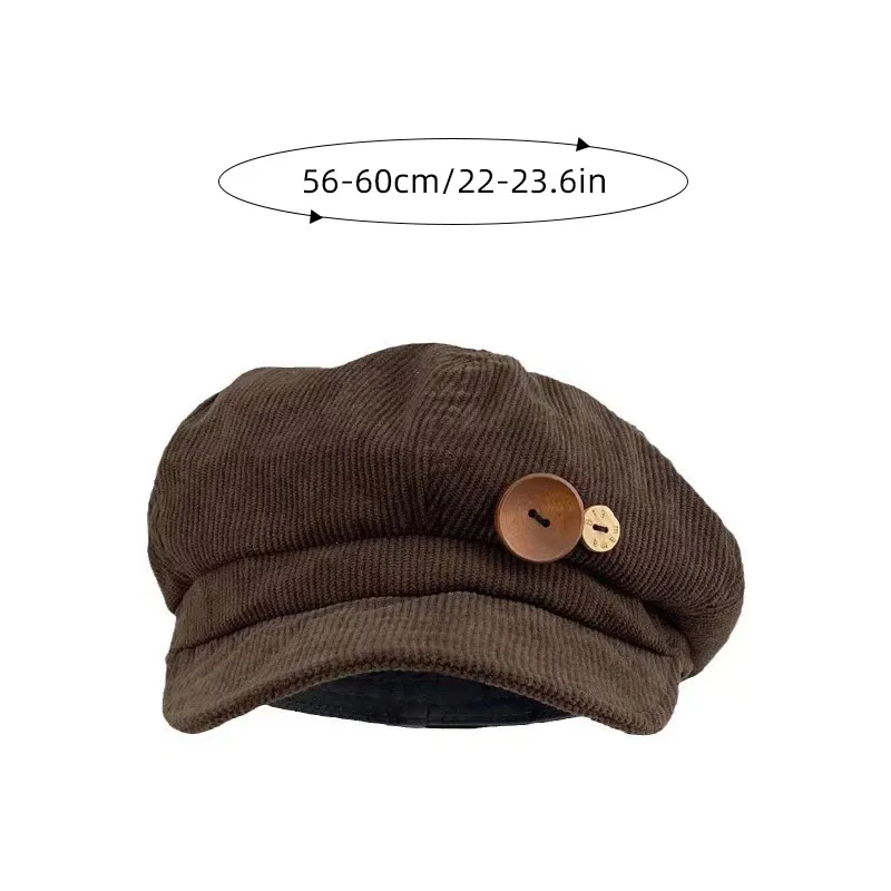 RICYGVM Berretto ottagonale in velluto a coste con bottoni retrò per donne, cappello da pittore, artista, ragazze giapponesi, berretti con visiera marroni, berretti autunnali e invernali_voghion.com