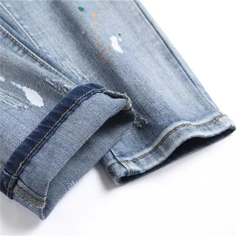 EH·MD® Painted Jeans Men's Splashing Ink And Holes Scraped Leg Pants Cotton High Elasticity Slim Fit Color Dots Trendy Youth 023