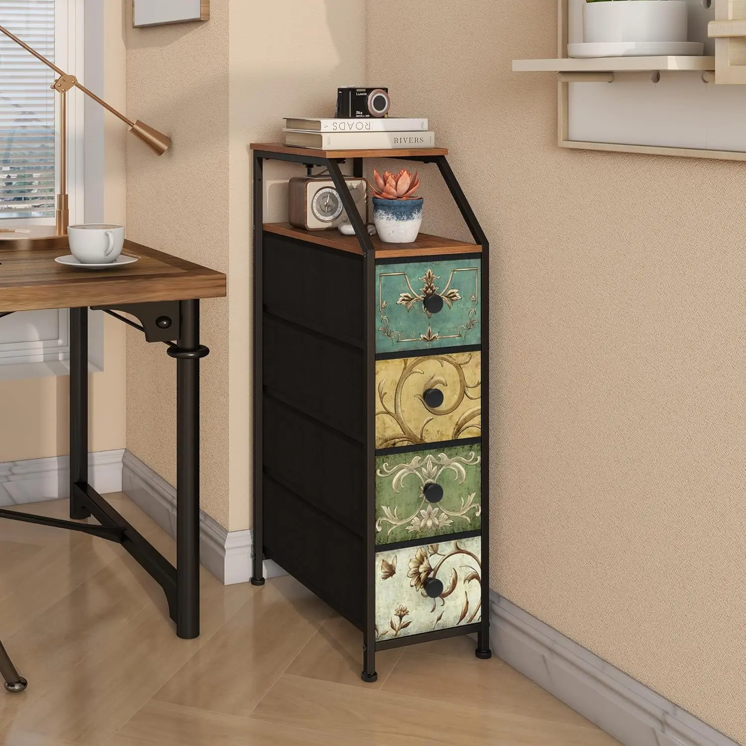 Narrow Dresser. Slim Chest of Drawers. Charging Station. Nightstand. Bedroom, Bathroom. Retro Flower, 4 Drawers.