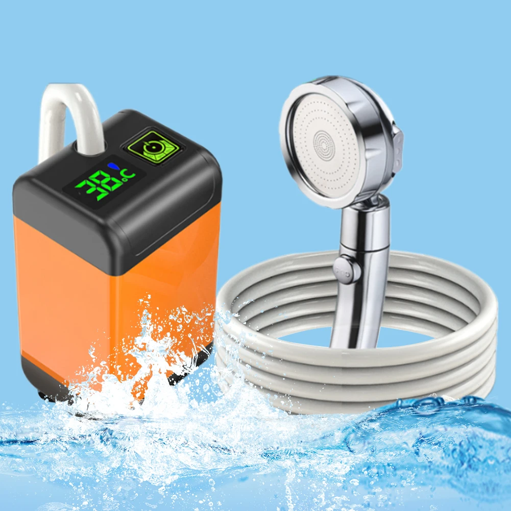 Portable Camping Shower Electric Shower Pump 1/3 Gear Rechargeable Camp Temperature Display for Camping Hiking