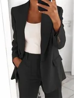 Women’s Sets Two 2 Pieces Sale Casual Pocket Single Button Blazer Jackets& High Elastic Waist OL Workwear Wide Leg Pant Suits