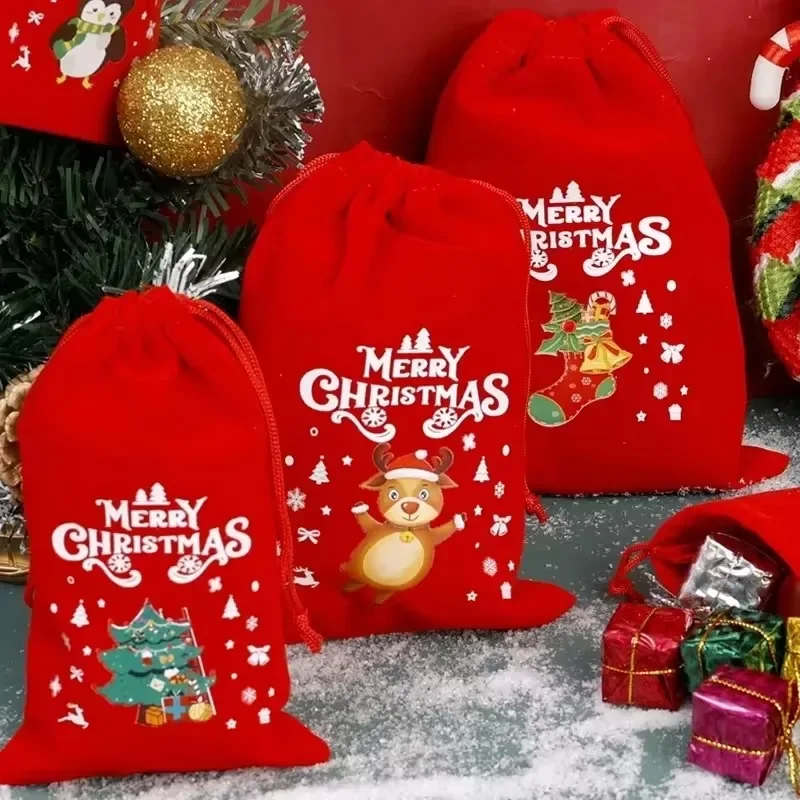 20pcs Christmas Gift Bags Drawstring Bags for Children Candy Bags Drawstring Drawstring Gift Bags Red Christmas Flannel Bags 5