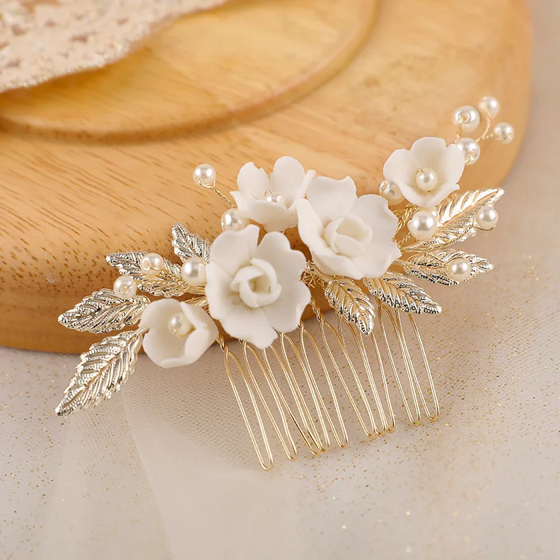 Floralbride Handmade Alloy Leaf Crystal Rhinestone Ceramic Flower Pearls Bridal Hair Comb Wedding Hair Accessories Women Jewelry