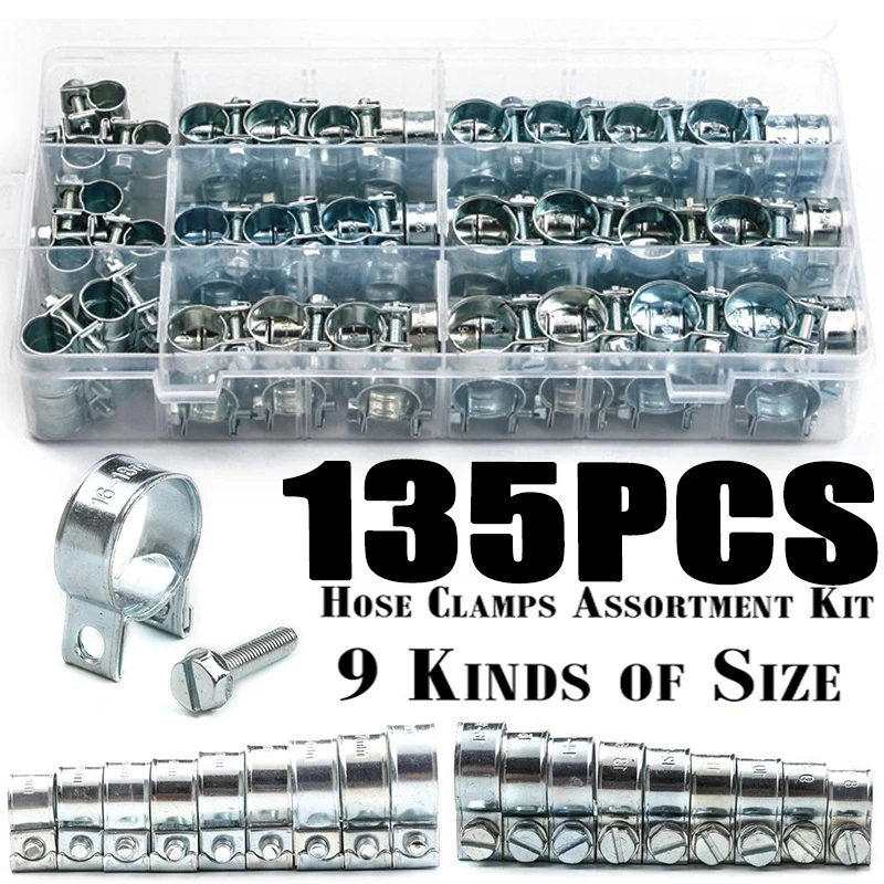 Braçadeira de Tubulação de Mangueira Braçadeira de Mangueira de Água Mangueira de Combustível Grampos Grampos Tubo Duplo Orelhas Braçadeira Metal Sortimento Kit 135 60 Peças