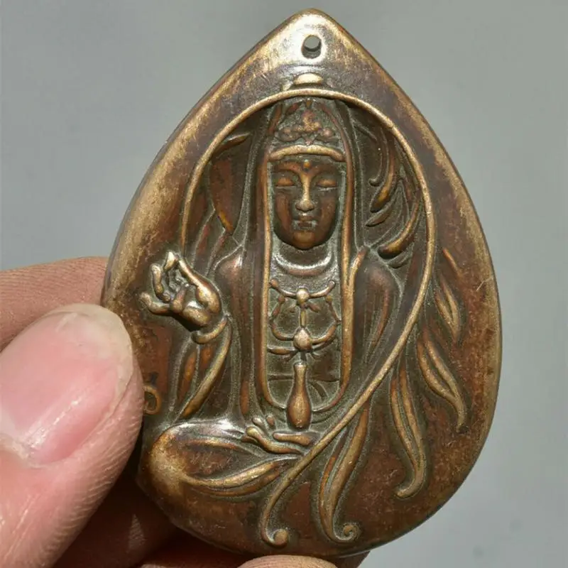 2 "Amuleto Pendente In Bronzo Antico Cinese Ferngshui Kwan-Yin Guan Yin Dea