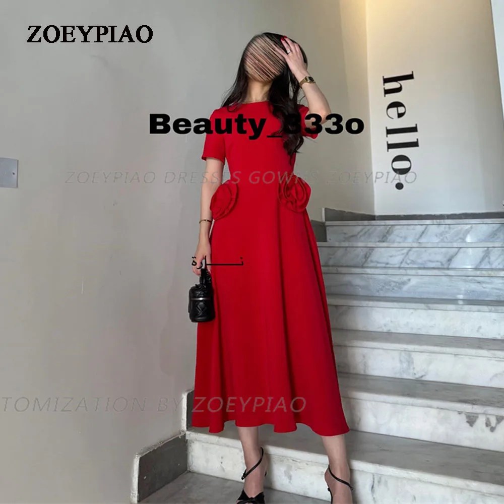 Red O Neck Saudi Arabic Evening Dresses Cap Sleeves Pleats Satin A Line Dubai Prom Party Dress with Flowers Celebrate Event Gown champagne prom dresses v neck appliques with handmade flowers a line tulle long evening gown arabic party dress for graduation