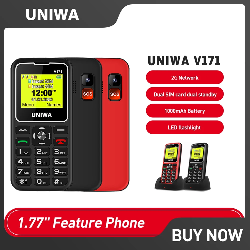 1/3 Pz Uniwa V171 Senior 2G Feature Phone 1.77 "Fm Altoparlante Pulsante Sos Grande Carattere Pulsante Grande Anziani Tastiera Russa