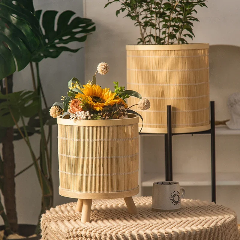 Anti-rust Bamboo Flower Stand for Bedroom Chinese Short-legged Plant Stand Nordic Simple Floor-standing Plant Shelves for B&B