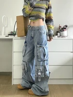 Autumn Winter New Ladies Cargo Jeans American Street Style Baggy Cargo Pants Women Blue Multi-pocket Wide Leg Jeans for Women - Image 3