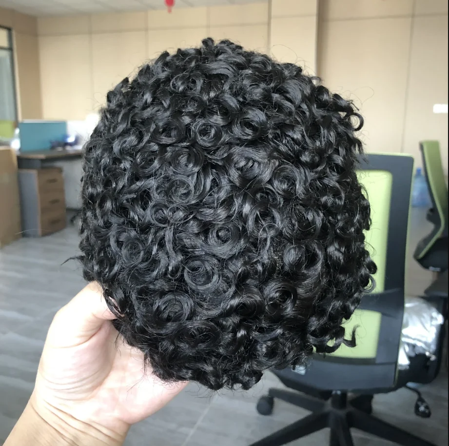 European Human Hair Toupee for Men 18mm Curly Fine Mono NPU Men Toupee Replacement System Hair Capillary Prosthesis Hair Units 6