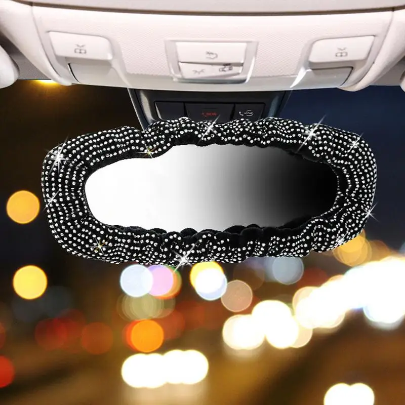 Decorative Rearview Glass Accessories Rhinestone Dustproof Rear View Glass Cover Women Rearview Trim Vehicle Interior