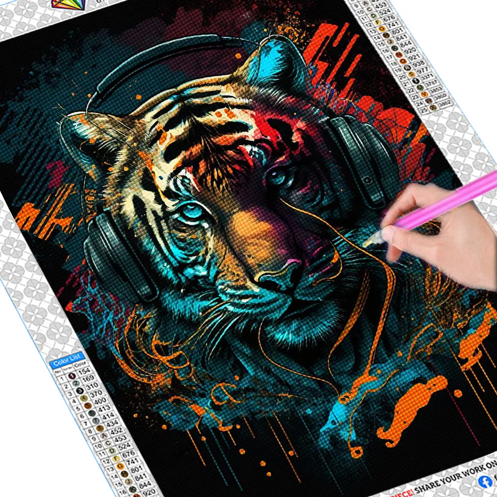 FIYO-pintura de diamante 5D, tigre colorido con auriculares, mosaico  completo, bordado de animales, regalo hecho a mano, decoración del hogar,  arte de pared - AliExpress