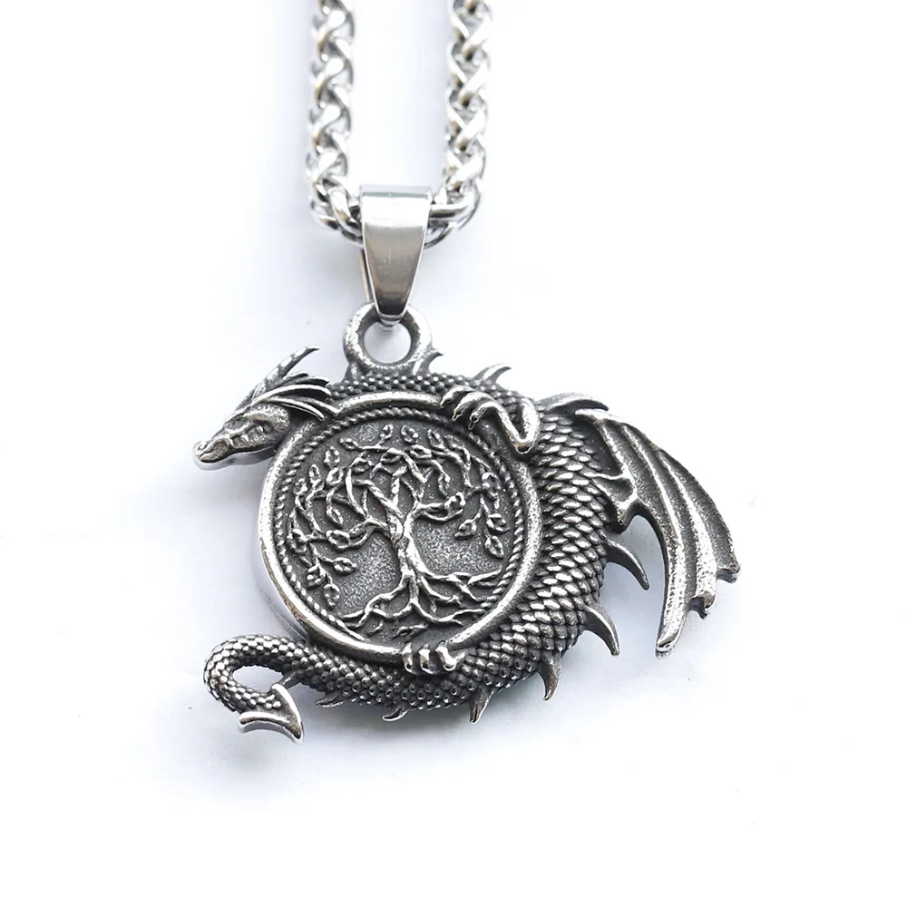 2023 New Arrival Viking Nordin Tree of Life and dragon Pendant Vintage Stainless Steel Necklace animal Jewelry for Gift