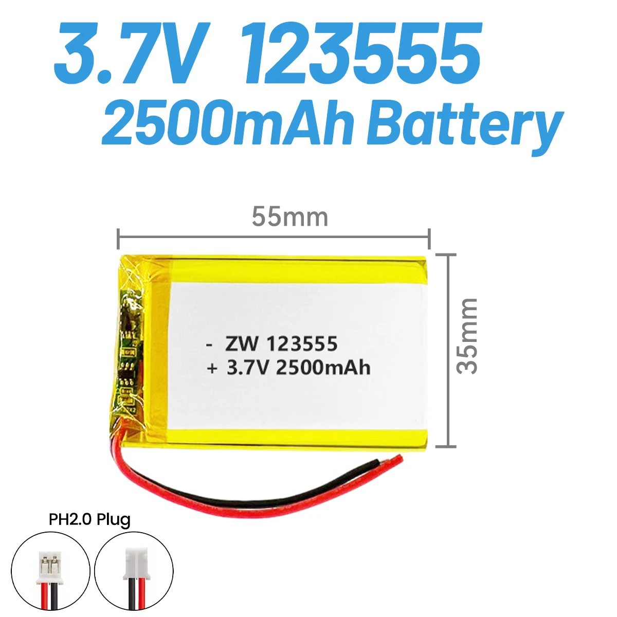 Batteria 3.7V 2500mAh 123555, Batterie Ricaricabili agli Ioni di Litio Polimeriche, Batteria al Litio Integrata, Sostituzione per 124060 104060 - immagine 2
