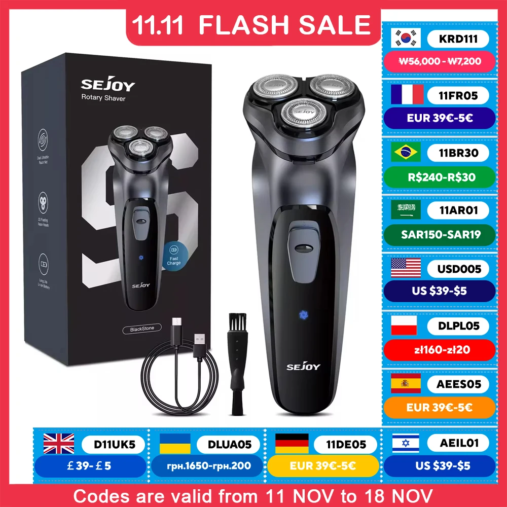 Electric shaver SEJOY Rechargeable Wet & Dry Use Electric Shaver Pop-up Hair Trimmer Rotary Shaving Machine Razor