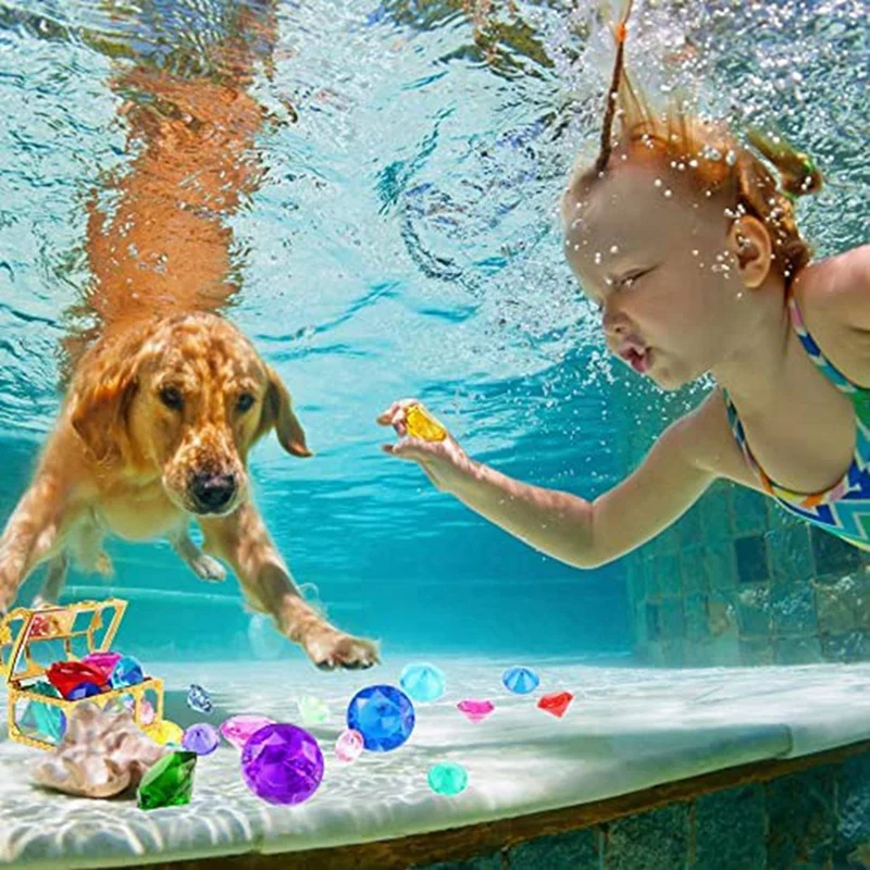 B05B-24Pcs Diving Gem Pool Toys Include Colorful Diamonds Set Dive Toy Treasure Chest Underwater Swimming Toy Gem Pirate Box