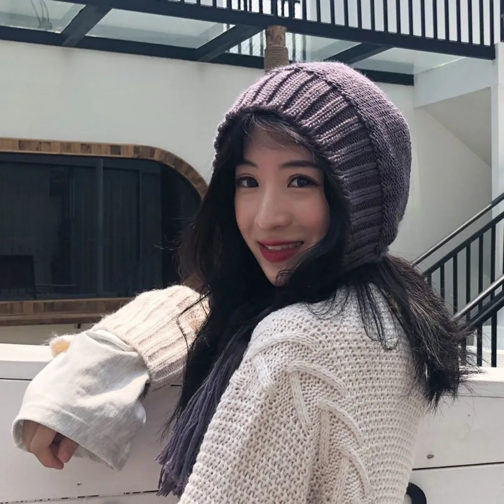 

Woolen Yarn Tassel knitted hat Sweet Tassel Warm Lei Feng Hat Windproof Handmade Ear Protection Hat Autumn and Winter