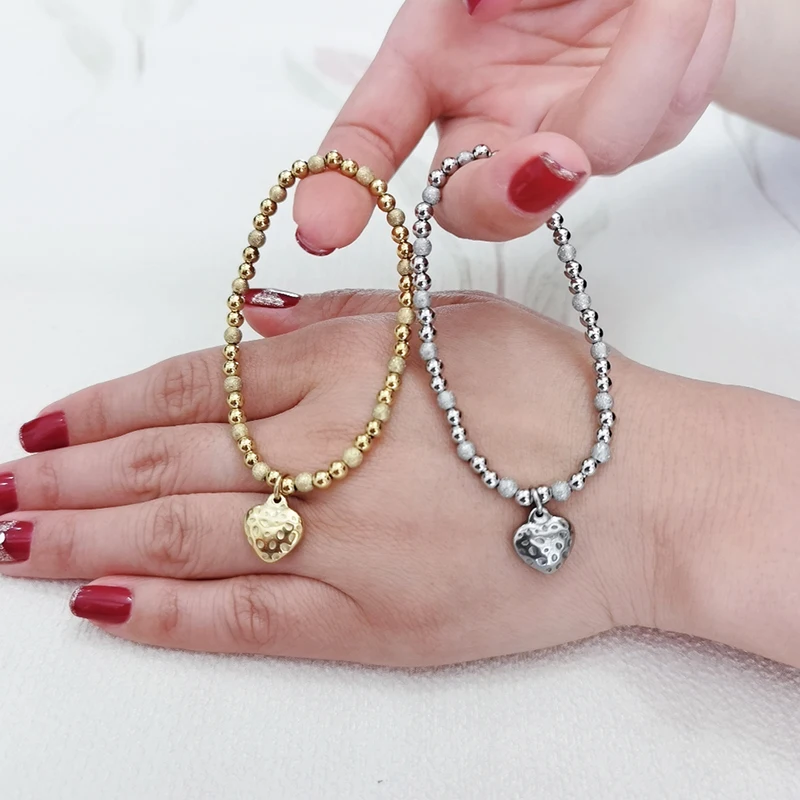 Metal Waterproof Durable Stainless Steel Jewelry Lovers Retro Heart-Shaped High Quality Frosted ball Shiny Bead Elastic Bracelet 4