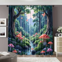 2pcs, 2D flat Window Curtains Forest mushroom butterfly print Light Filter Birthday Party Perfect for Living Room, Outdoor Decor 2