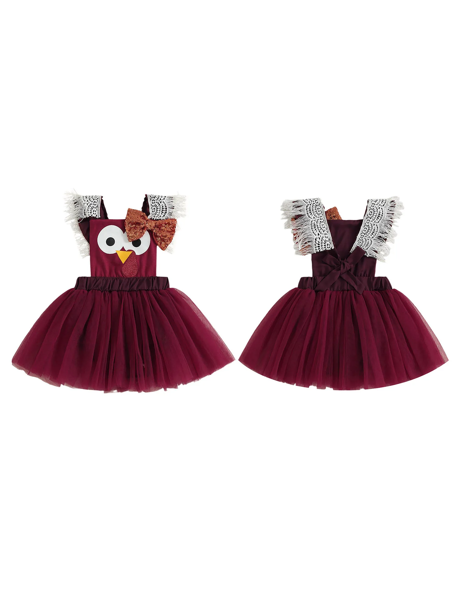 FOCUSNORM 0-18M Schöne Baby Mädchen Thanksgiving Strampler Kleid Rüschen Fly Sleeve Mesh Patchwork Pailletten Schleife Türkei Overall – Detail 2