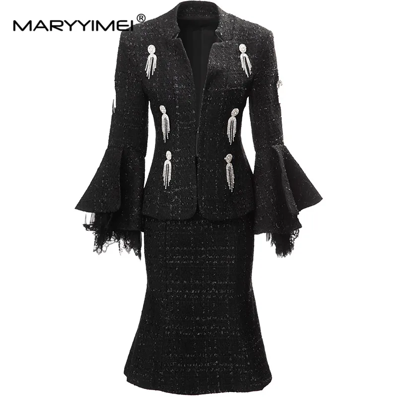 

MARYYIMEI High Street Fashion Suit Designer Women's V-Neck Ruffle Sleeve Rhinestone Tweed Tops+Fishtail Skirt 2pcs Set 2023 New
