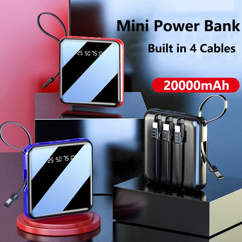 20000mAh 미니 파워뱅크 마이크로 USB 타입 C 케이블 휴대용 충전기 LED 미러 파워뱅크 외장 배터리 팩